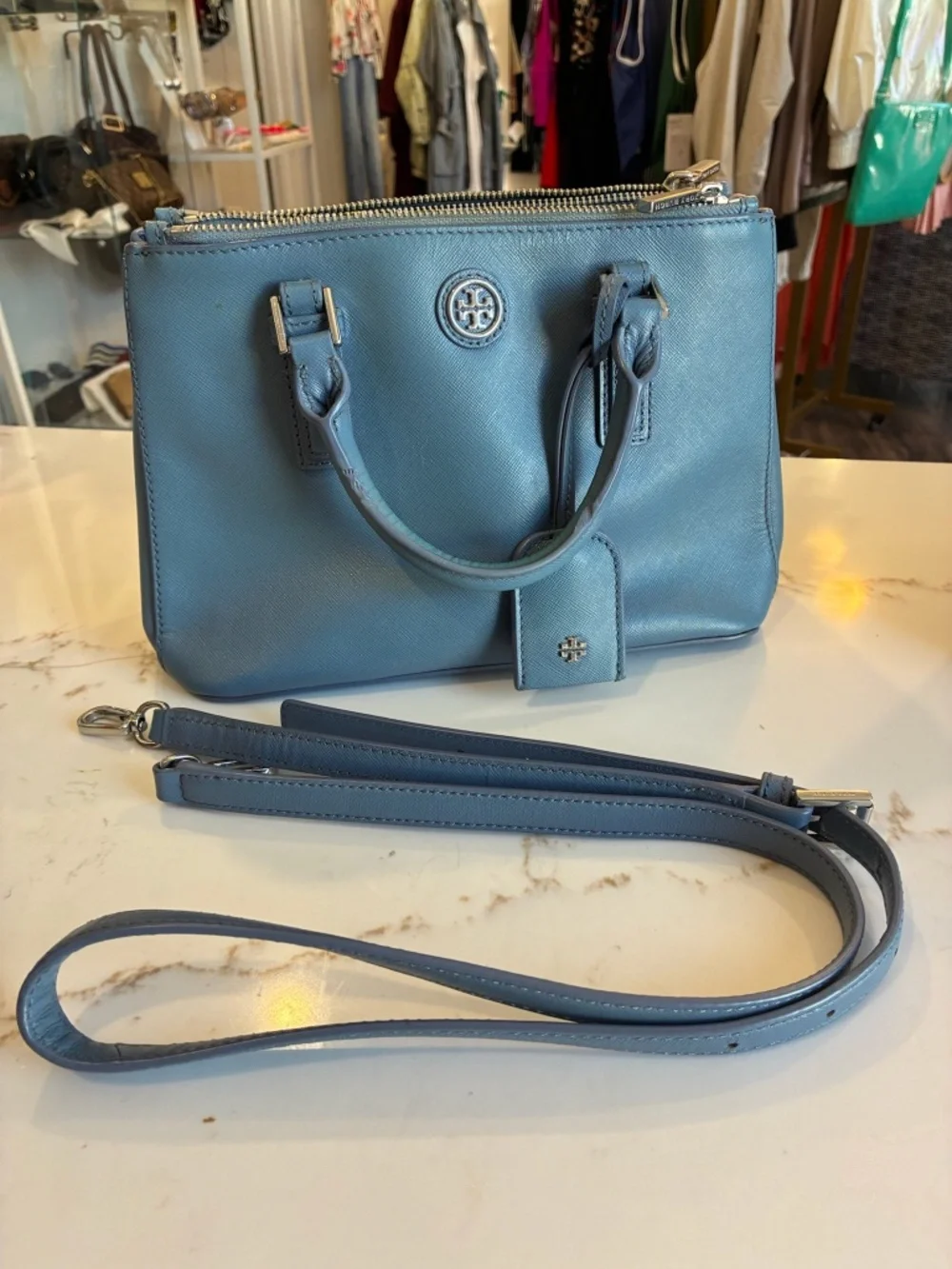 Tory Burch Blue Leather Double-Zip Satchel with Detachable Strap and silver